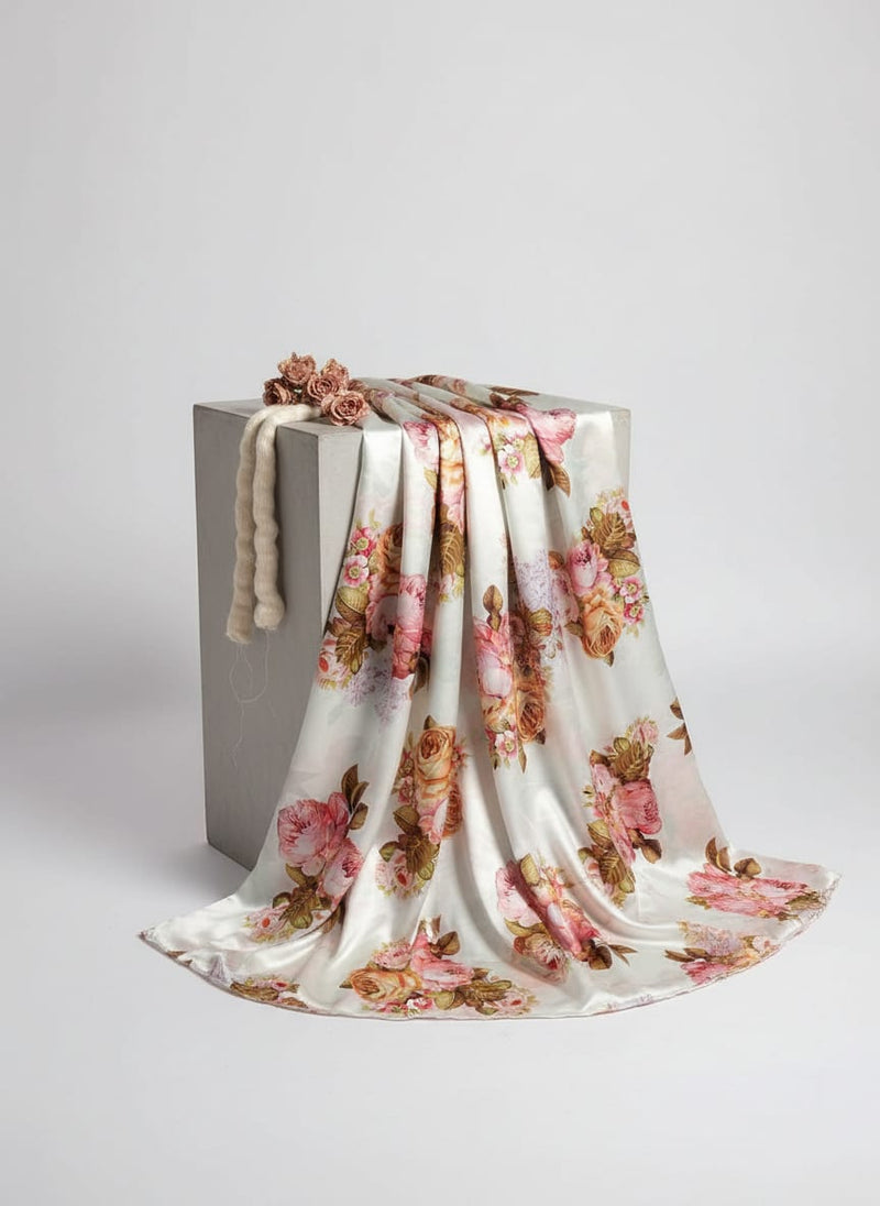 Beautiful Floral Golden Roses With Shiny Digital Printed Fabric - Japan Satin