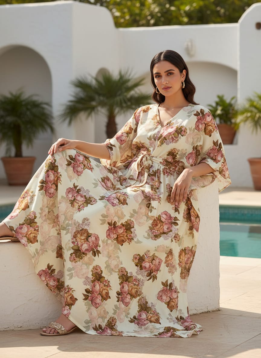 Beautiful Floral Golden Roses With Shiny Digital Printed Fabric - Poly Muslin