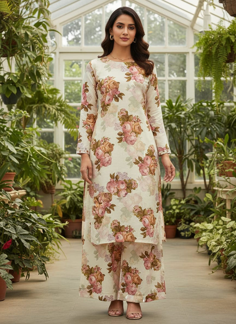 Beautiful Floral Golden Roses With Shiny Digital Printed Fabric - Poly Muslin