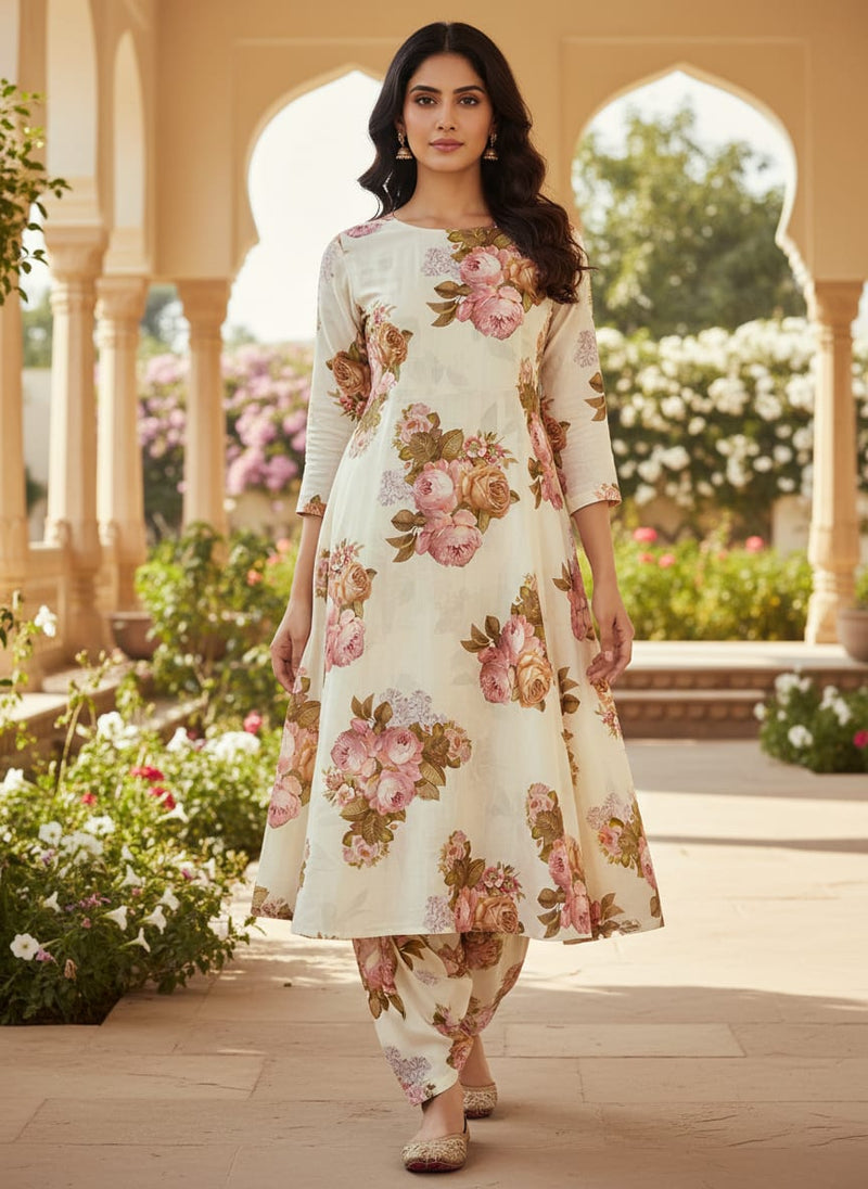 Beautiful Floral Golden Roses With Shiny Digital Printed Fabric - Poly Muslin