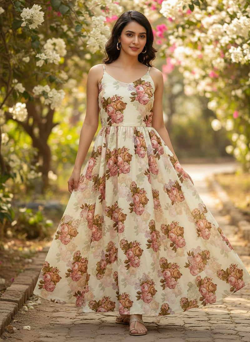 Beautiful Floral Golden Roses With Shiny Digital Printed Fabric - Poly Muslin