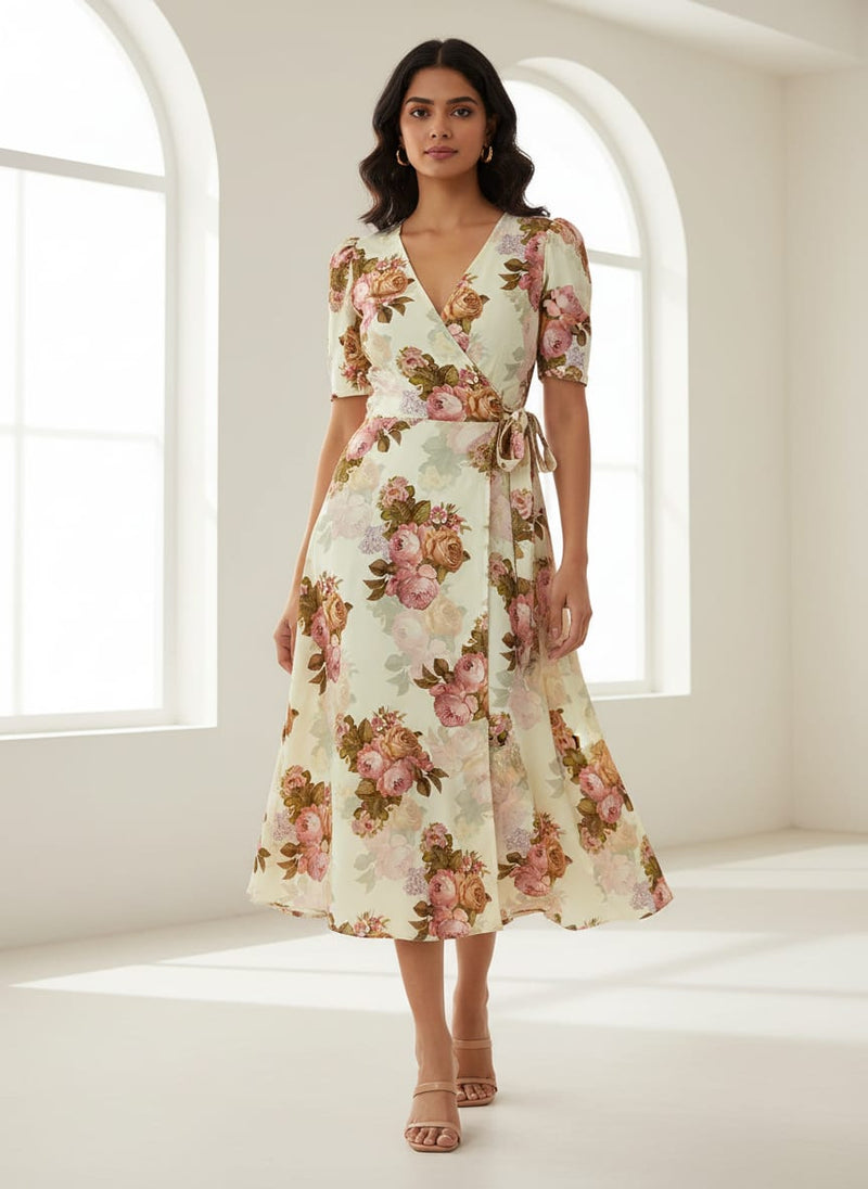 Beautiful Floral Golden Roses With Shiny Digital Printed Fabric - Silk Crepe