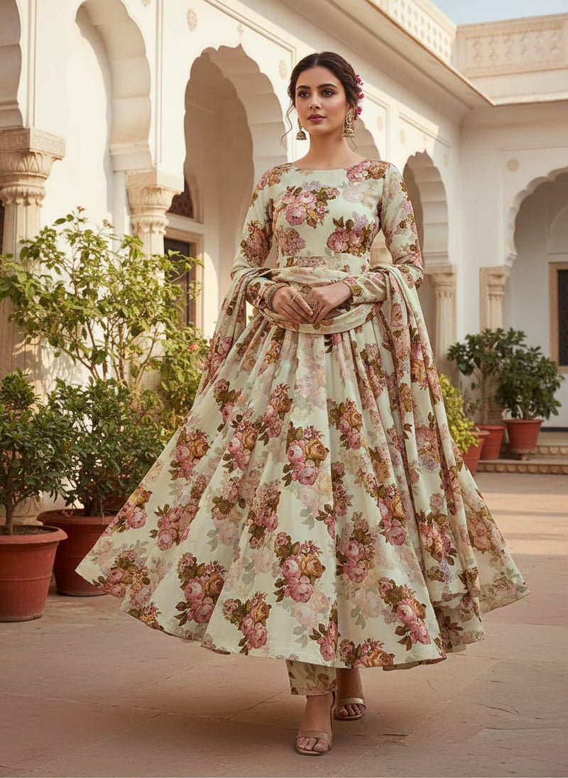 Beautiful Floral Golden Roses With Shiny Digital Printed Fabric - Silk Crepe