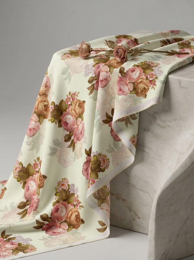 Pink Vintage Peony Rose Bouquets Silk Crepe Digital Printed Fabric