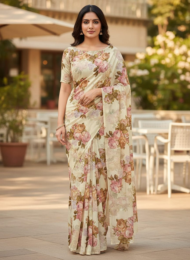 Beautiful Floral Golden Roses With Shiny Digital Printed Fabric - Silk Crepe