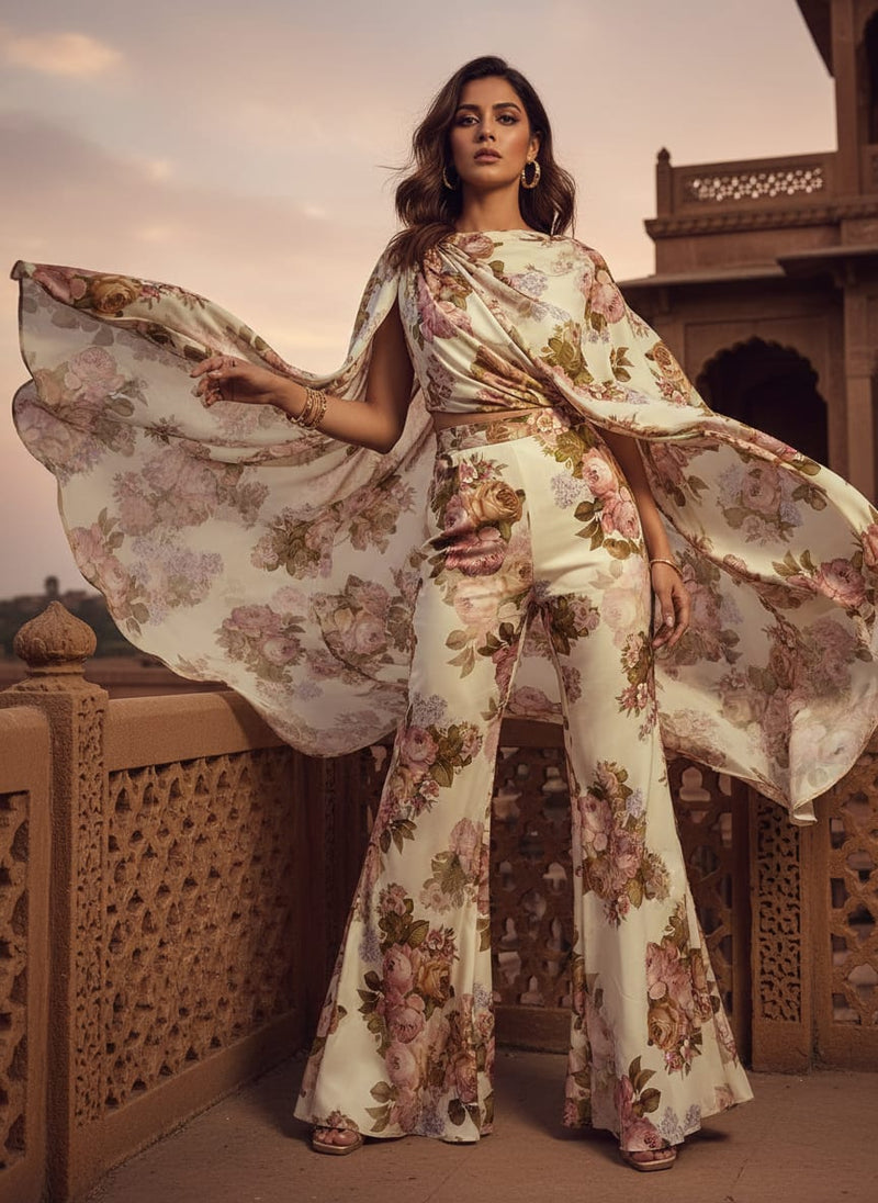 Beautiful Floral Golden Roses With Shiny Digital Printed Fabric - Silk Crepe