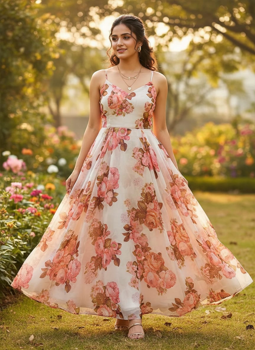 Beautiful Floral Golden Roses With Shiny Digital Printed Fabric - Pure Georgette
