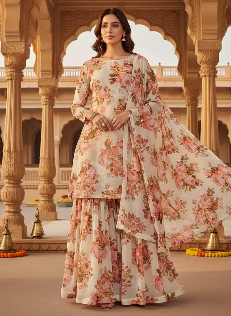Beautiful Floral Golden Roses With Shiny Digital Printed Fabric - Pure Georgette