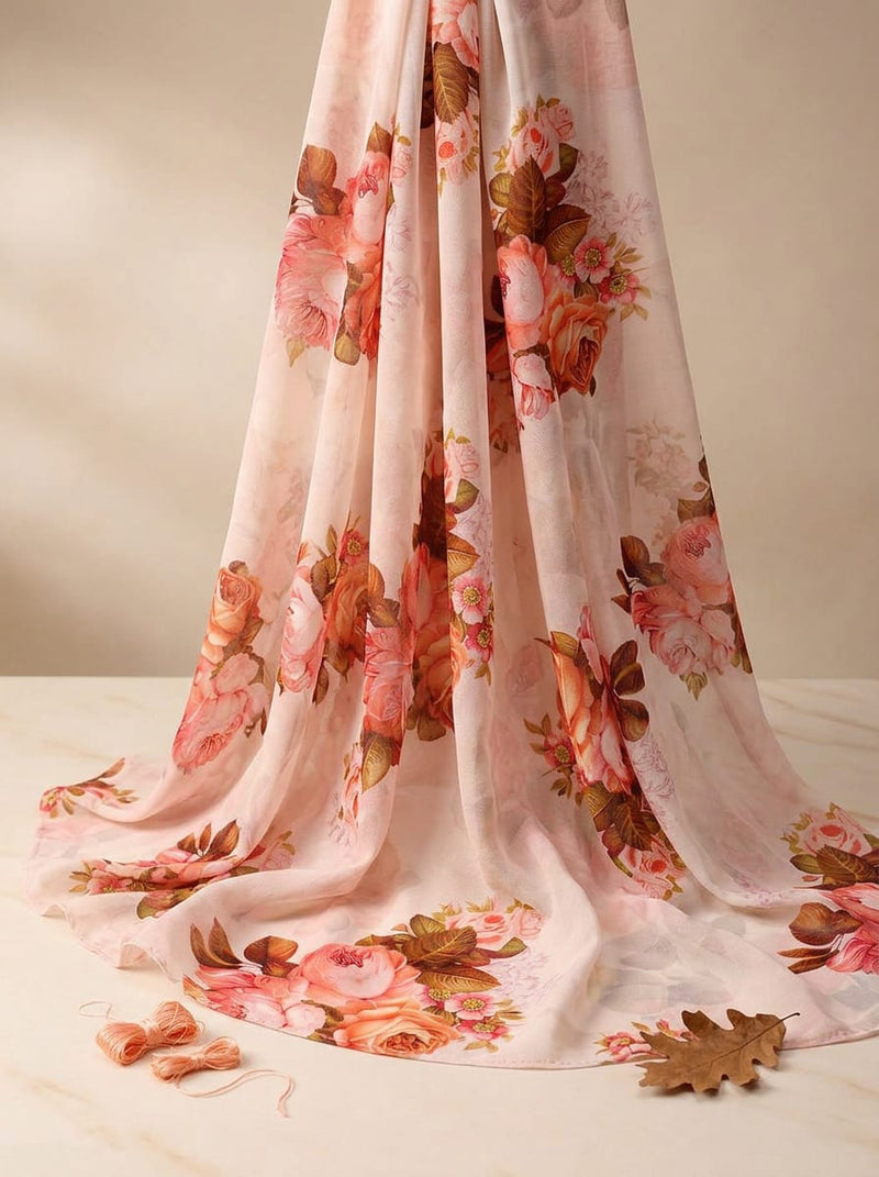 Peach Vintage Rose Floral Pure Georgette Digital Printed Fabric