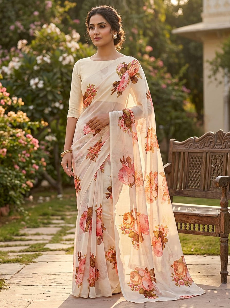 Peach Vintage Rose Floral Pure Georgette Digital Printed Fabric