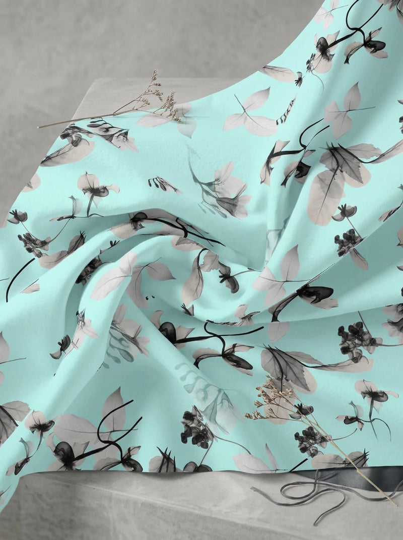 Blue Grey Botanical Leaf Print Weightless Digital Printed Fabric