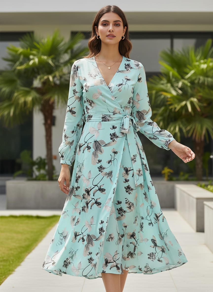 Morden Grey Leaves With Branch Digital Printed Fabric - Silk Crepe