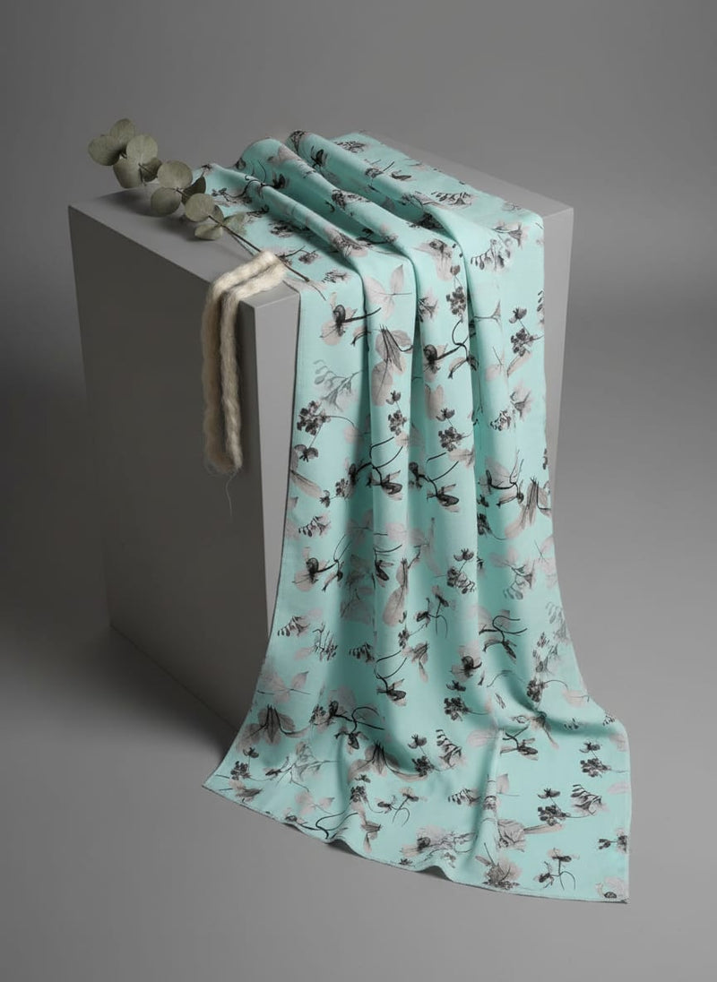 Morden Grey Leaves With Branch Digital Printed Fabric - Silk Crepe