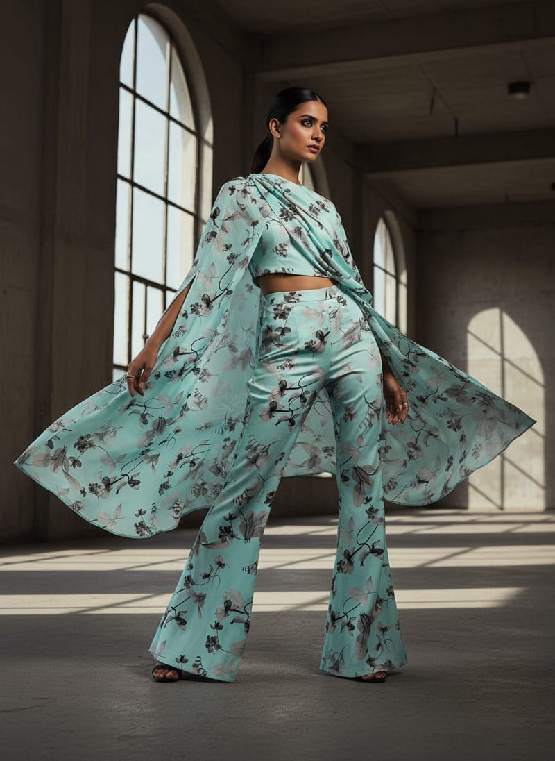 Morden Grey Leaves With Branch Digital Printed Fabric - Silk Crepe