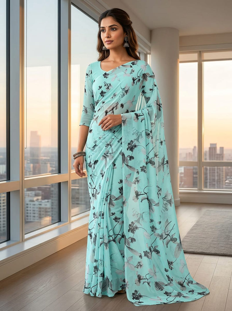 Blue Abstract Botanical Leaf Print Pure Georgette Digital Printed Fabric