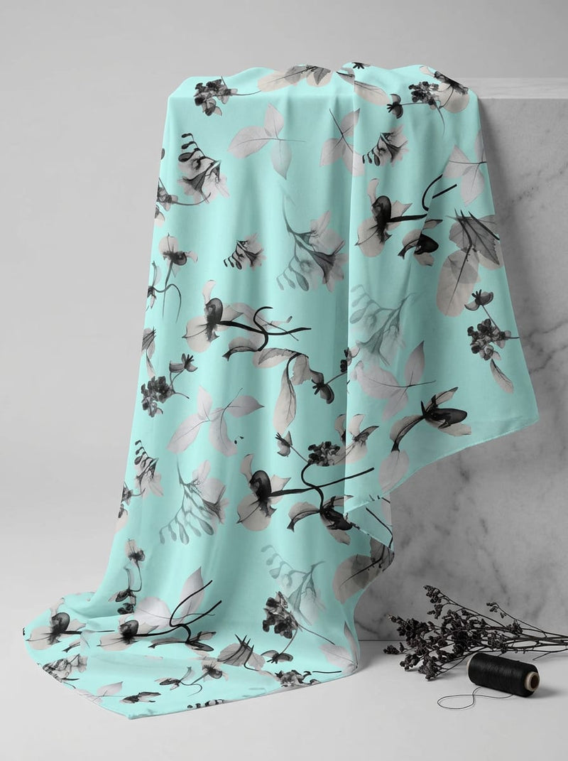 Blue Abstract Botanical Leaf Print Pure Georgette Digital Printed Fabric