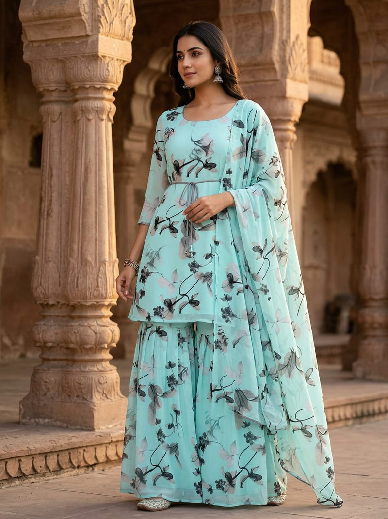 Blue Abstract Botanical Leaf Print Pure Georgette Digital Printed Fabric