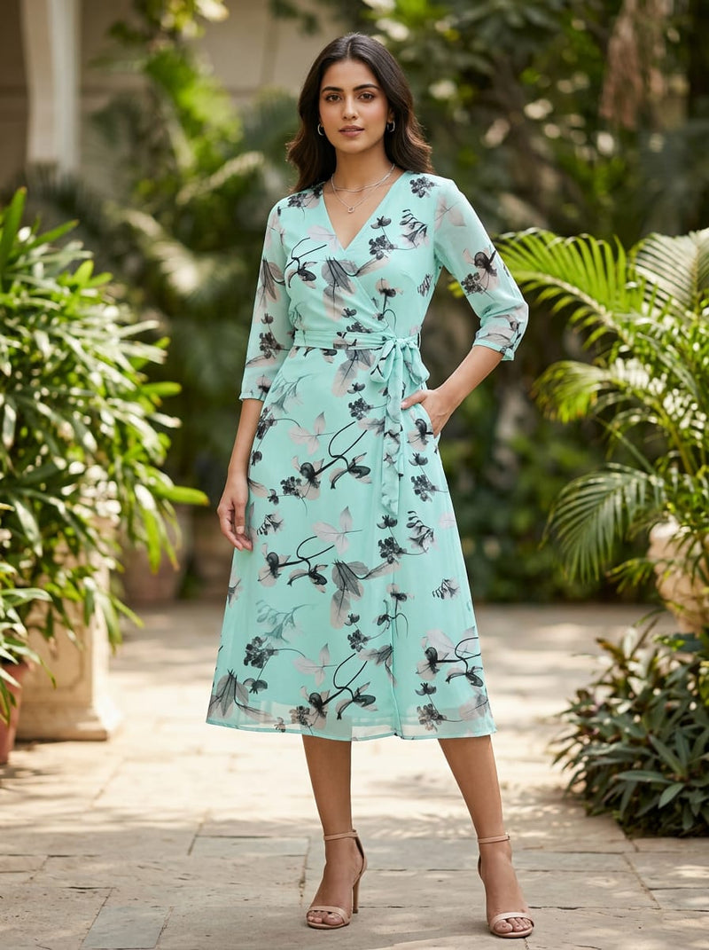 Blue Abstract Botanical Leaf Print Pure Georgette Digital Printed Fabric