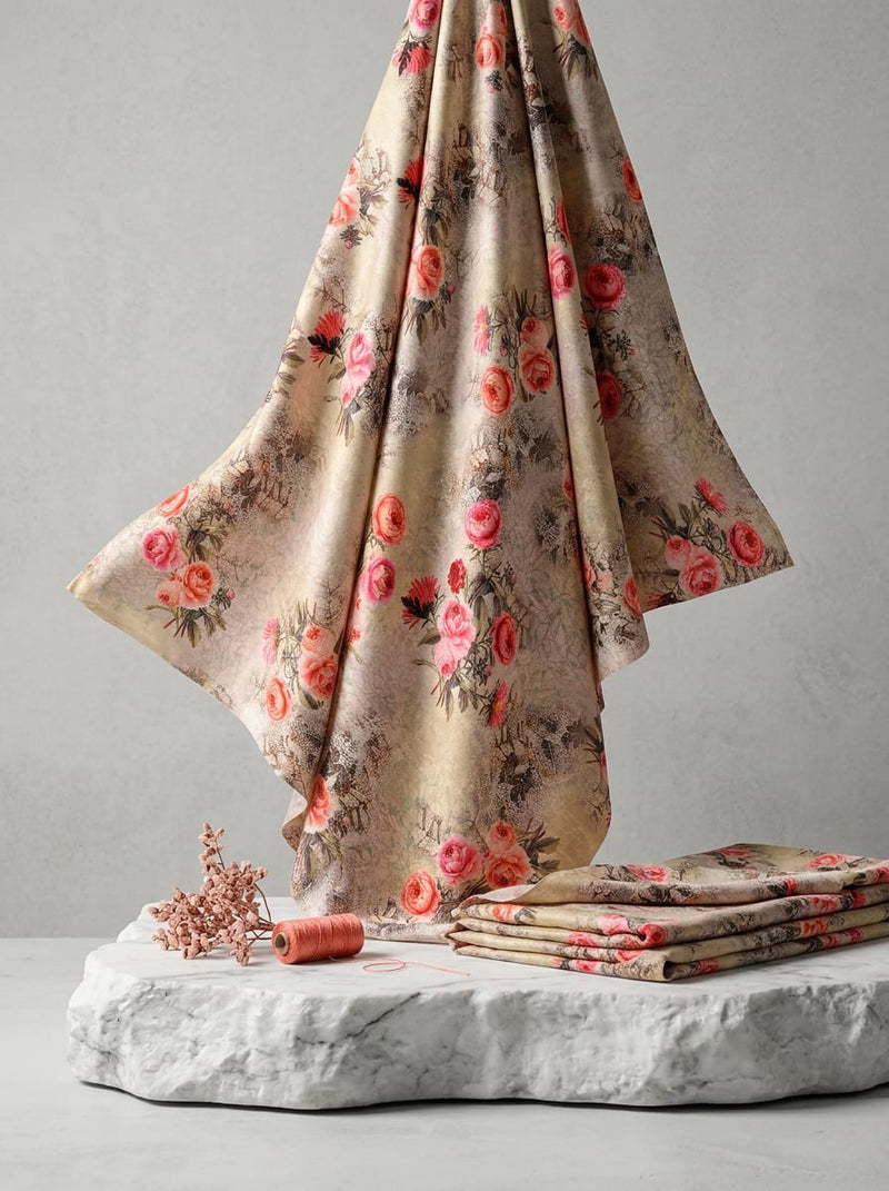 Cream Vintage Rose Floral Japan Satin Digital Printed Fabric