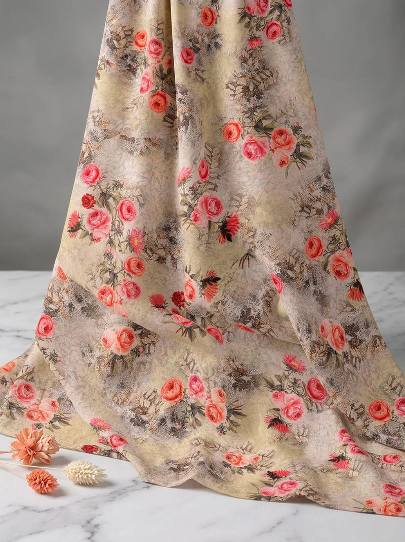 Multicolor Vintage Rose Floral Silk Crepe Digital Printed Fabric