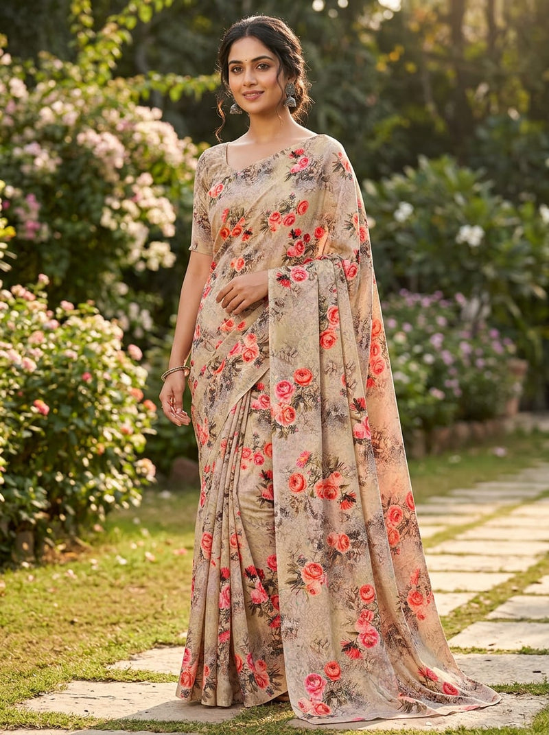 Multicolor Vintage Rose Floral Silk Crepe Digital Printed Fabric