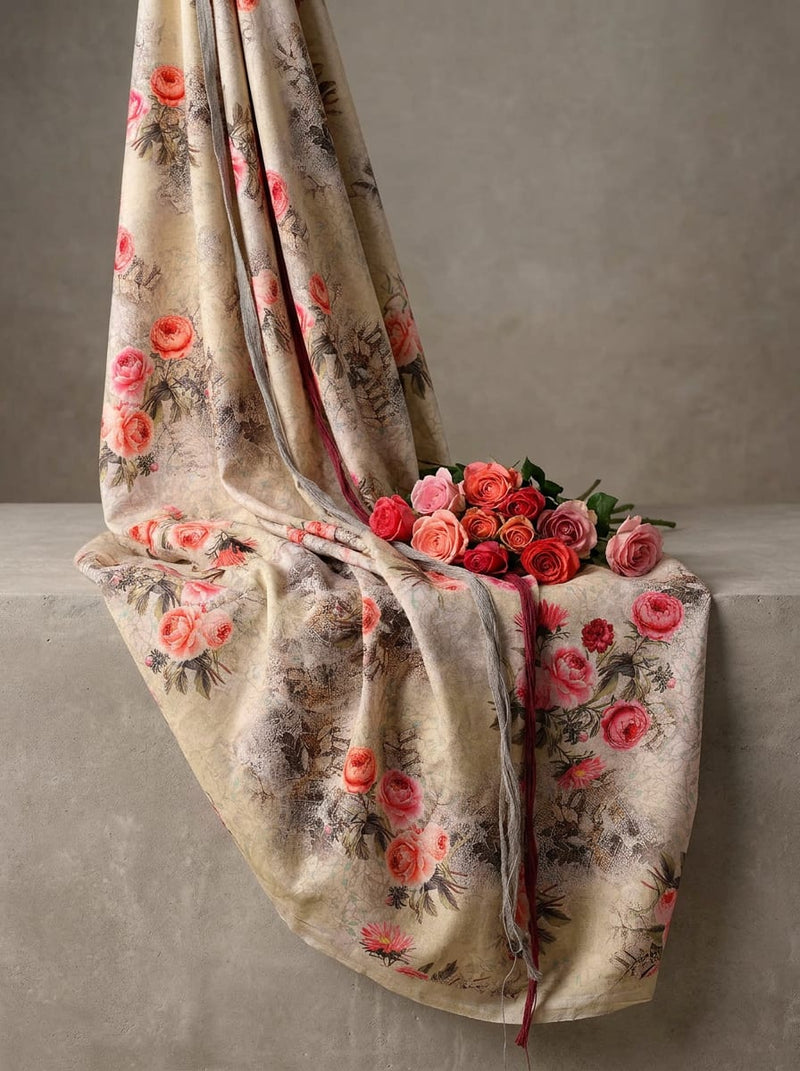 Cream Vintage Rose Bouquet Pure Cotton Digital Printed Fabric