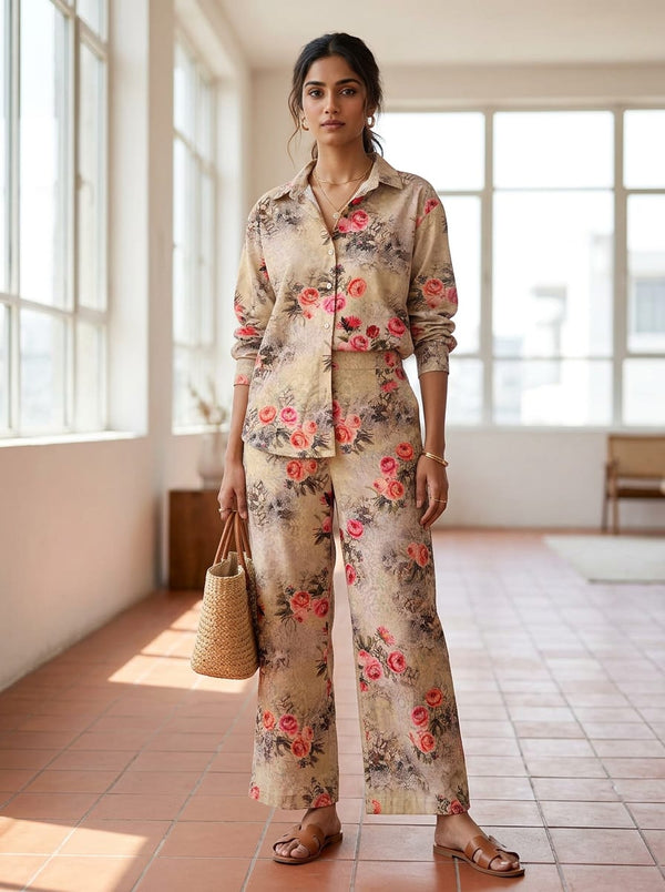 Cream Vintage Rose Bouquet Pure Cotton Digital Printed Fabric - Co-ord Set with Wide Leg Pants Lookbook - PCO-0-TA06278C-108 - alternate view
