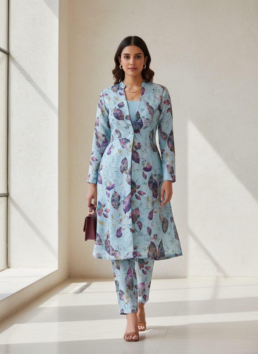 Watercolour Autumnal Leaves With Green Sprinkle Digital Printed Fabric - Kora Silk