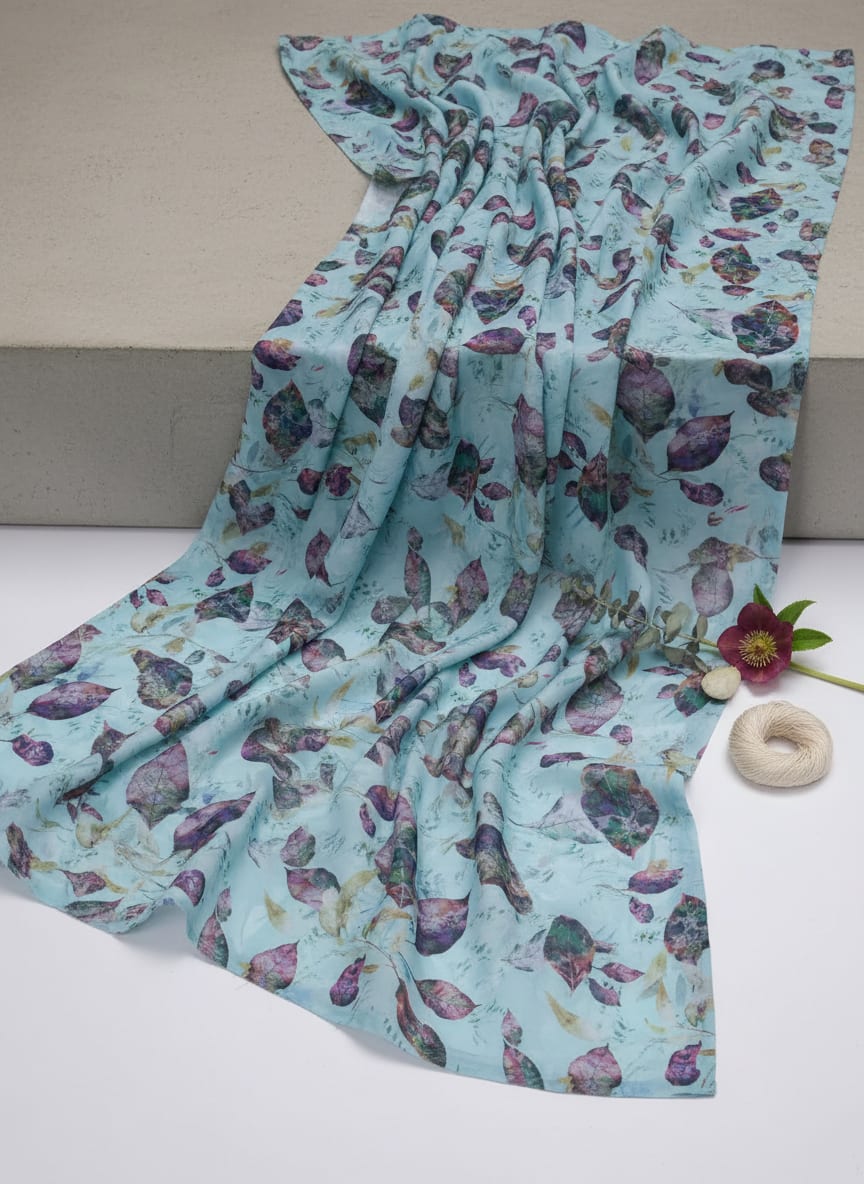 Watercolour Autumnal Leaves With Green Sprinkle Digital Printed Fabric - Kora Silk