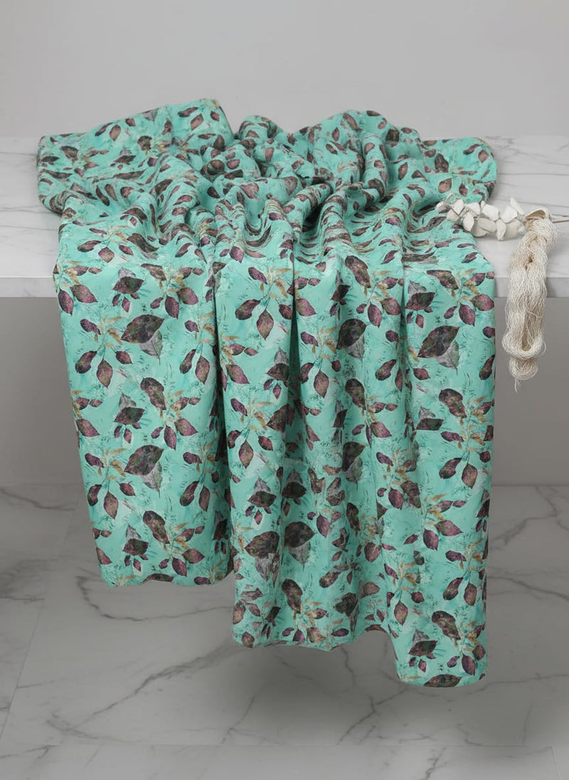 Watercolour Autumnal Leaves With Green Sprinkle Digital Printed Fabric - Silk Crepe
