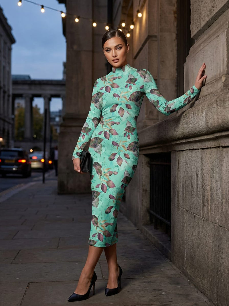 Green Botanical Leaf Print Silk Crepe Digital Printed Fabric