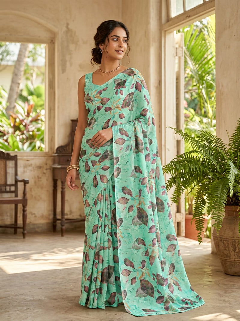 Green Botanical Leaf Print Silk Crepe Digital Printed Fabric
