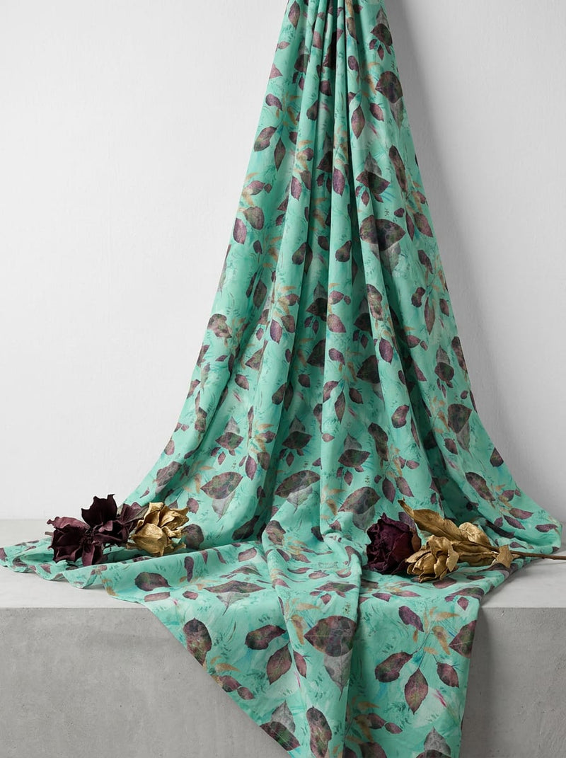 Green Watercolor Botanical Leaf Print Pure Cotton Digital Printed Fabric