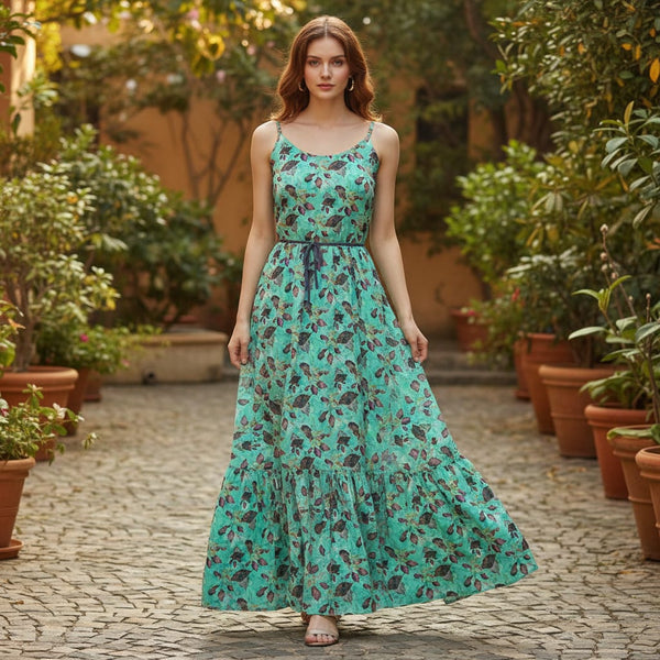 Watercolour Autumnal Leaves With Green Sprinkle Digital Printed Fabric - Pure Georgette - alternate view