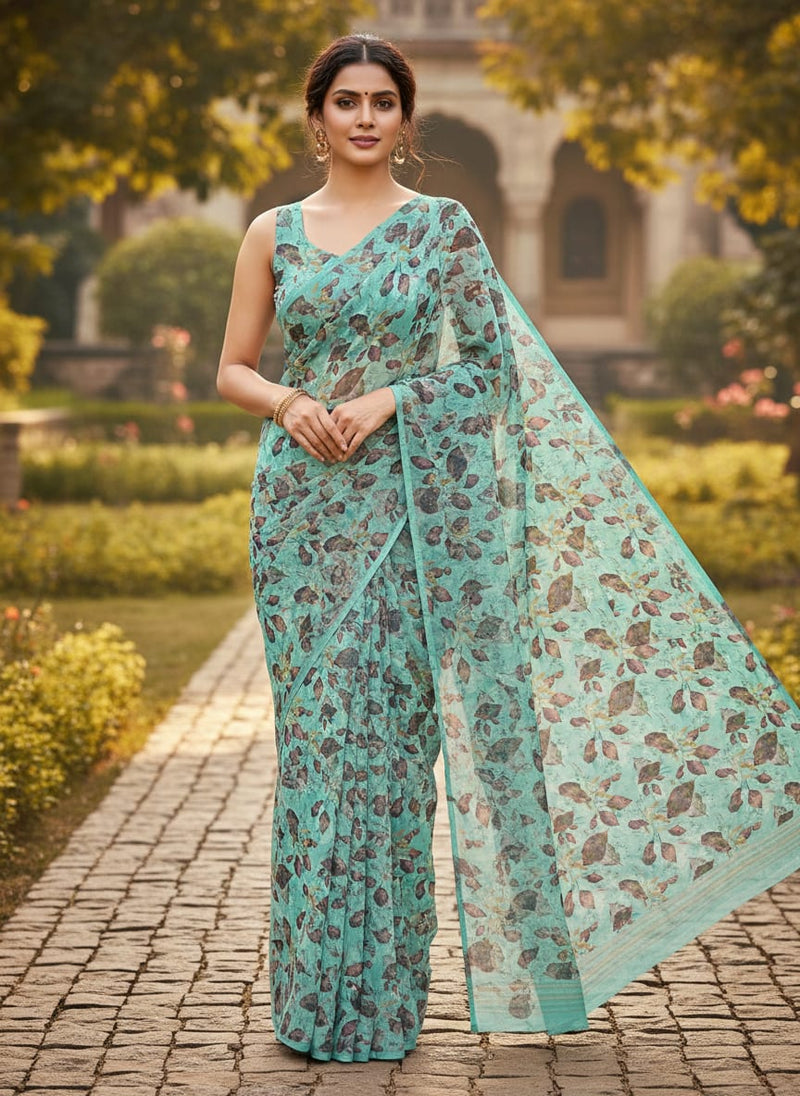 Watercolour Autumnal Leaves With Green Sprinkle Digital Printed Fabric - Pure Georgette