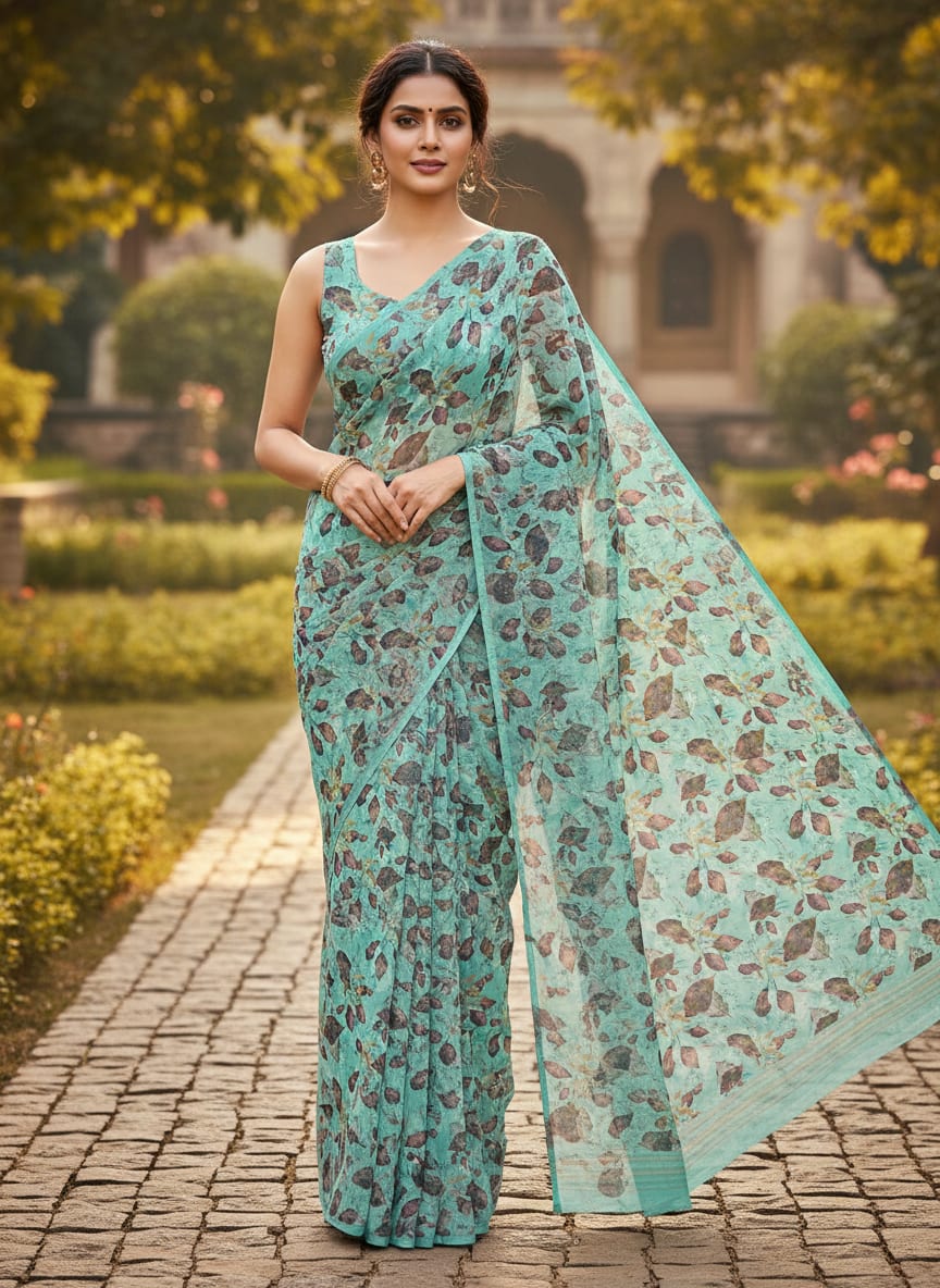Watercolour Autumnal Leaves With Green Sprinkle Digital Printed Fabric - Pure Georgette