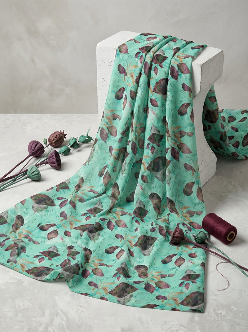 Green Autumnal Leaves Pure Georgette Digital Printed Fabric