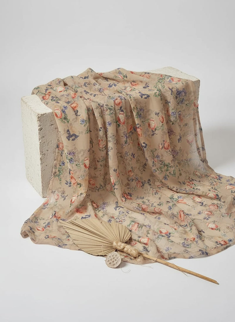 Blooming Orange Roses With Purple Floral Digital Printed Fabric - Poly Muslin