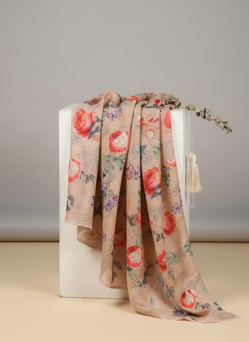 Blooming Orange Roses With Purple Floral Digital Printed Fabric - Pure Cotton