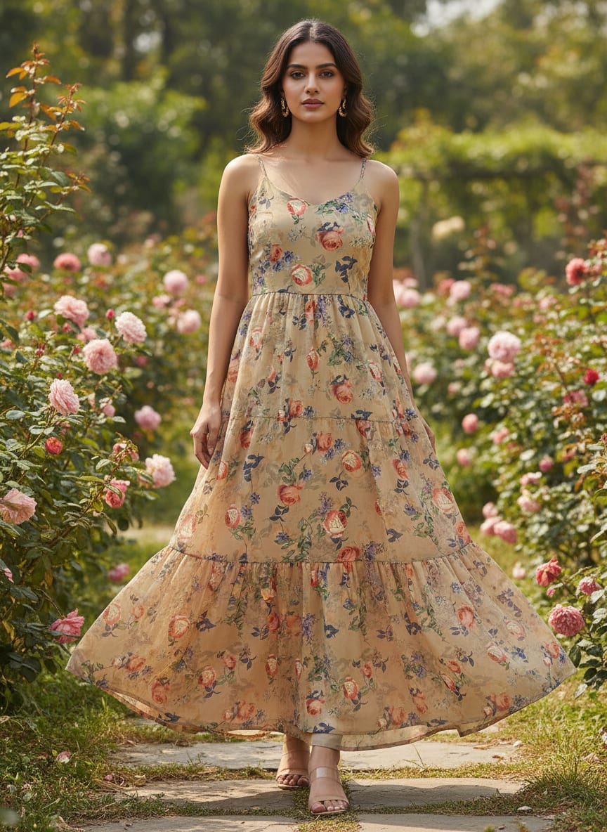 Blooming Orange Roses With Purple Floral Digital Printed Fabric - Pure Georgette