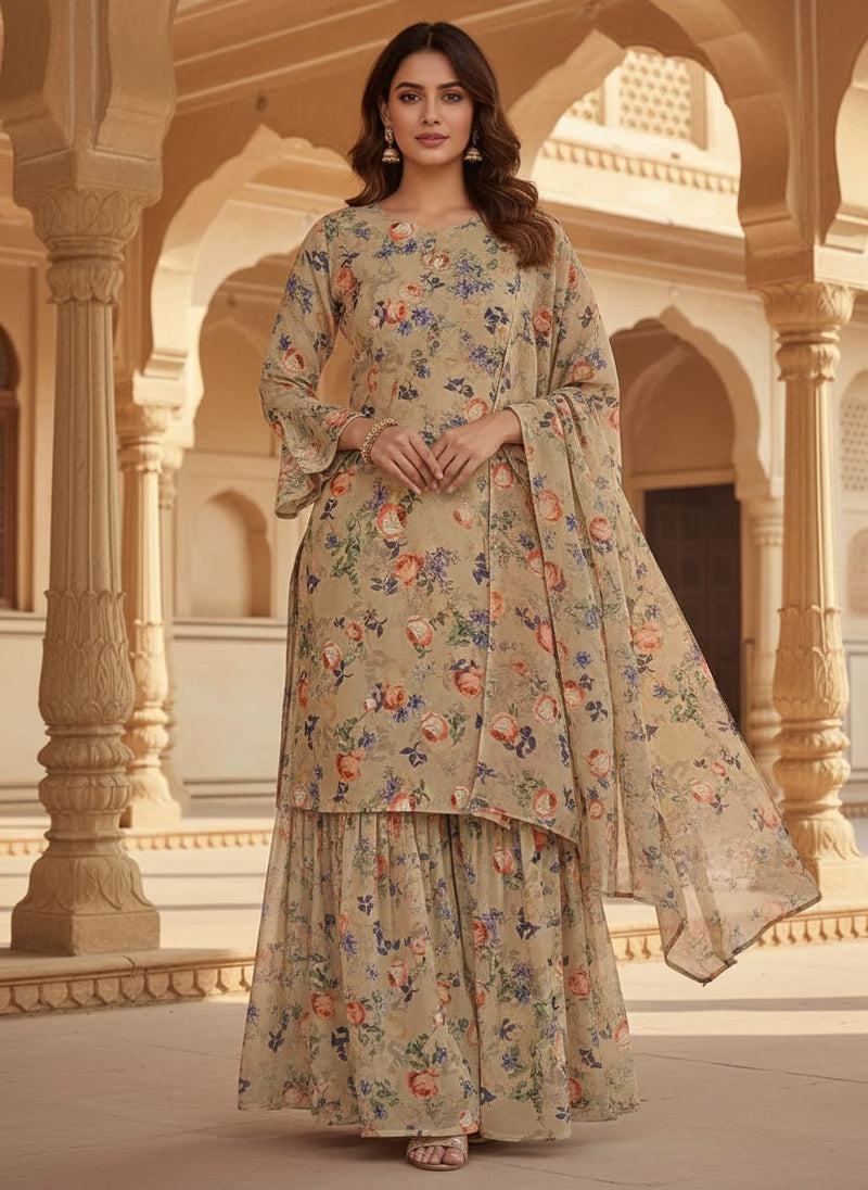 Blooming Orange Roses With Purple Floral Digital Printed Fabric - Pure Georgette