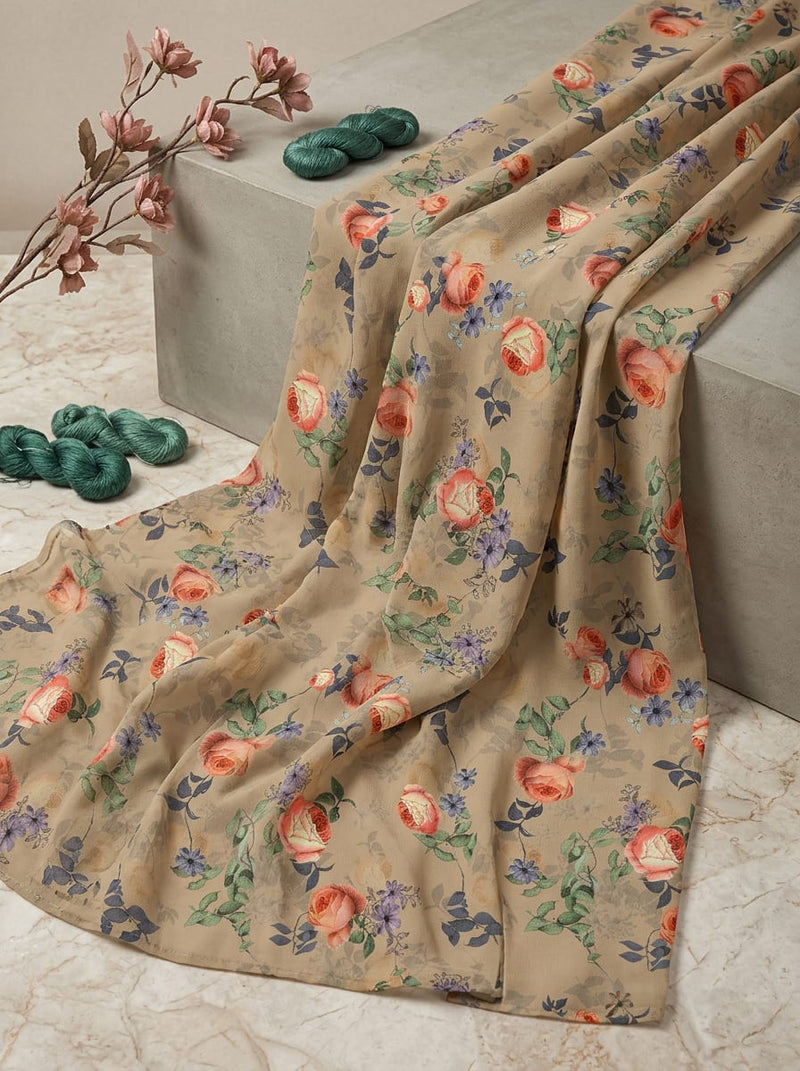 Cream Vintage English Rose Floral Pure Georgette Digital Printed Fabric