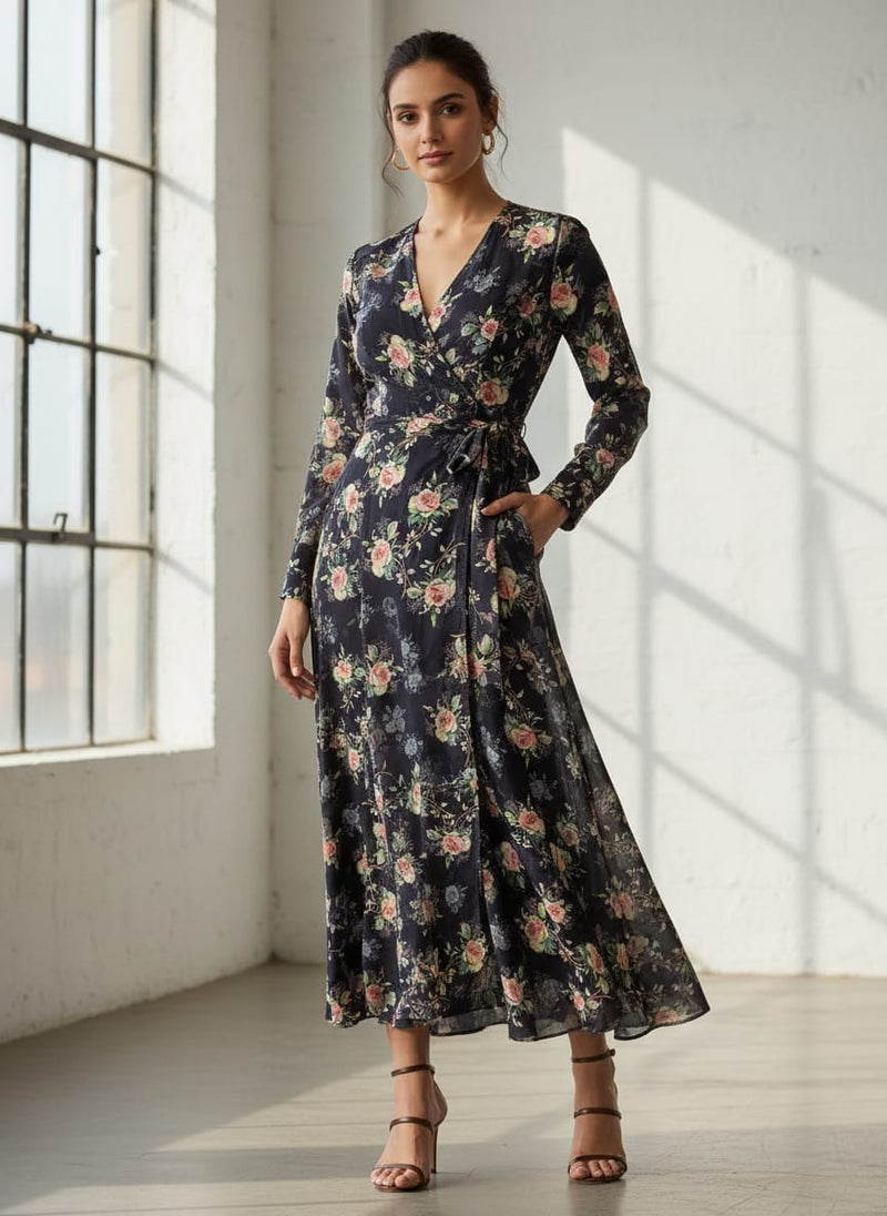Colourful Roses With Multicolour Branch Digital Printed Fabric - Weightless