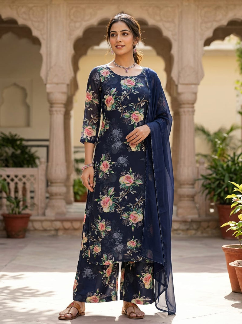 Navy Romantic Rose Garden Floral Muslin Digital Printed Fabric