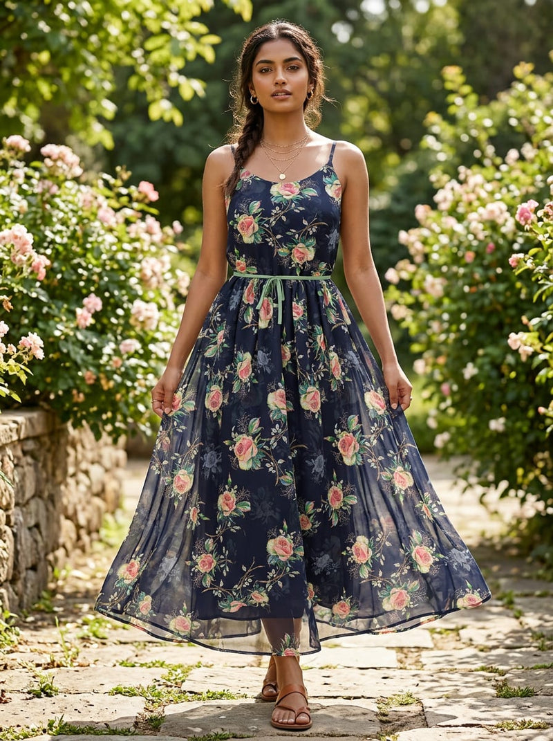 Navy Romantic Rose Garden Floral Muslin Digital Printed Fabric