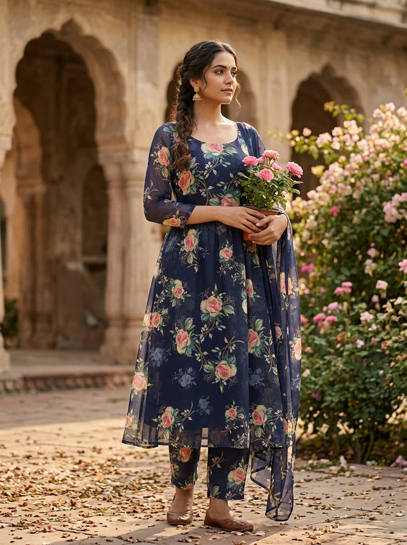Navy Romantic Rose Garden Floral Muslin Digital Printed Fabric