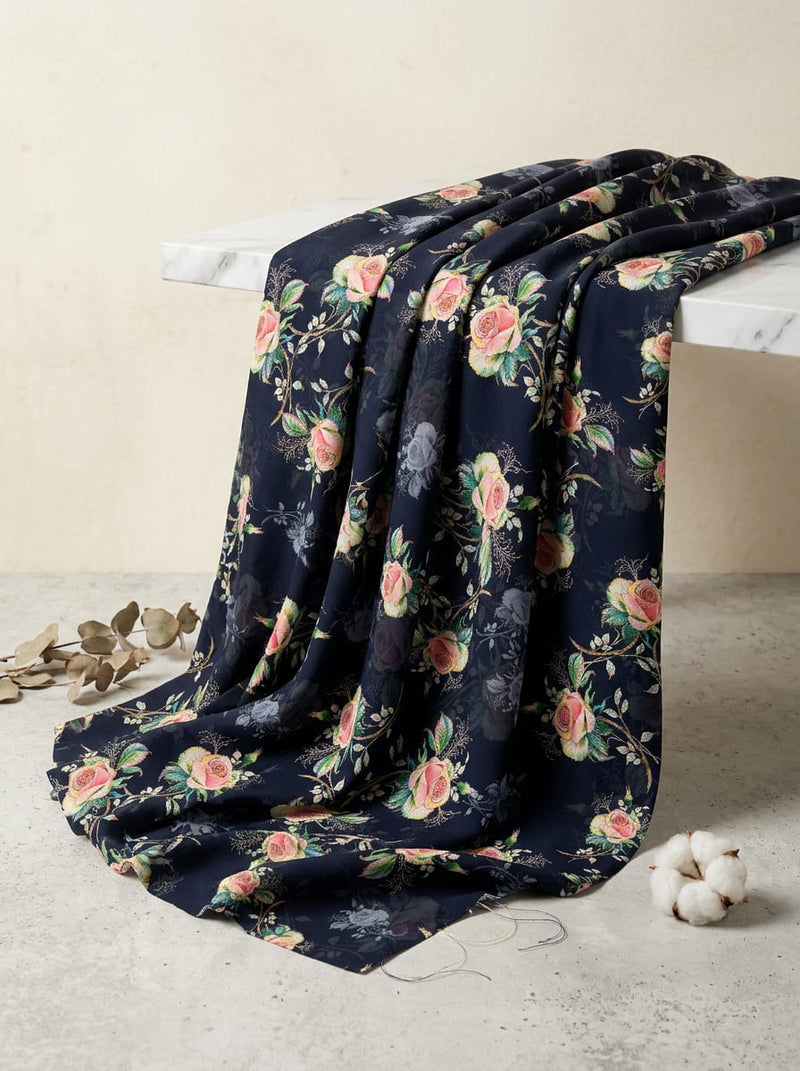 Navy Painterly Rose Bouquets Silk Crepe Digital Printed Fabric