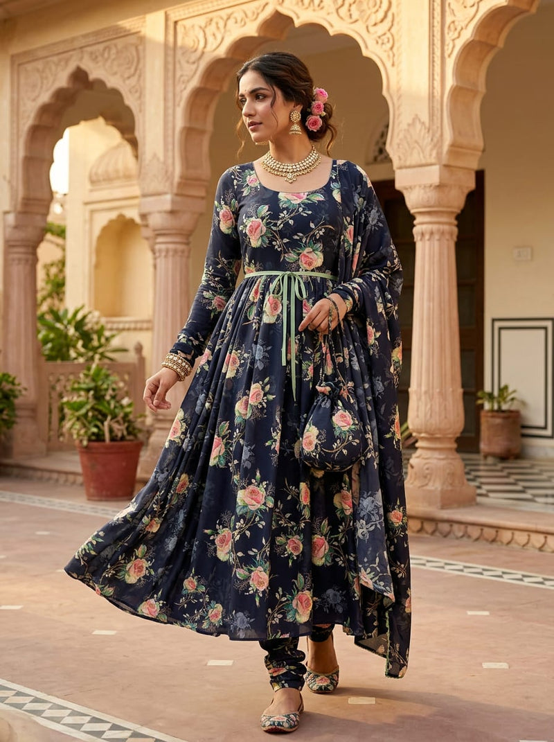 Navy Painterly Rose Bouquets Silk Crepe Digital Printed Fabric