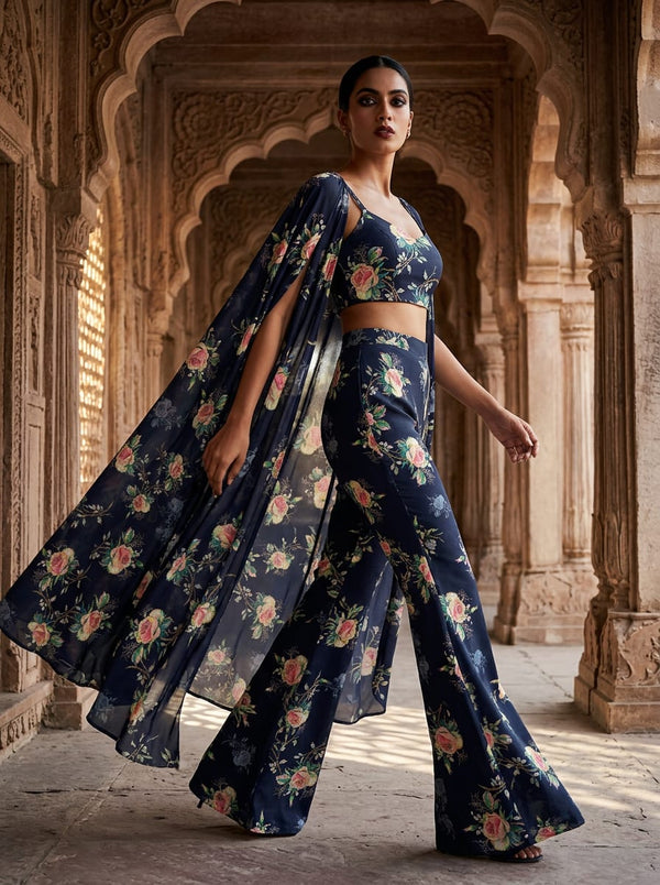 Navy Painterly Rose Bouquets Silk Crepe Digital Printed Fabric - Draped Cape with Flared Pants Lookbook - CR-0-TA06702P6-110 - alternate view