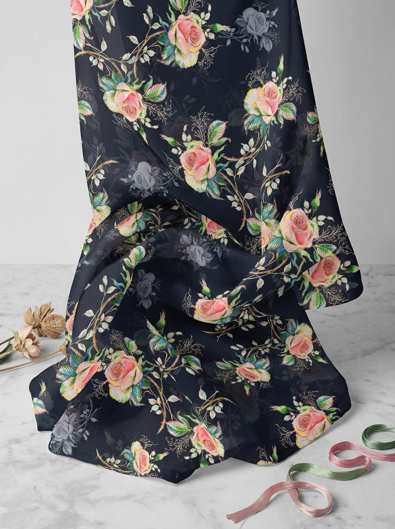 Navy Vintage Rose Floral Print Pure Muslin Digital Printed Fabric